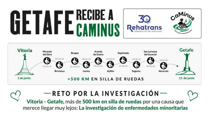 Reto Vitoria–Getafe: más de 500 km en silla de ruedas por la investigación, muestra recorrido, fechas y logos.