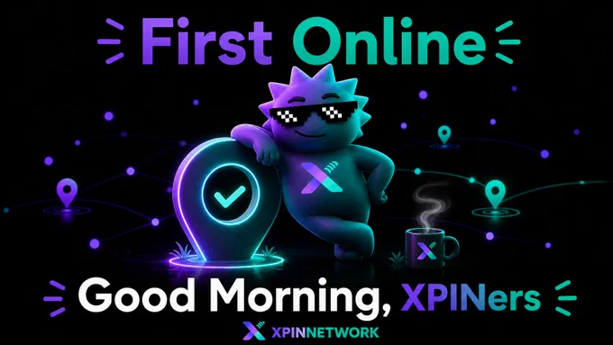 XPIN mascot in sunglasses leaning casually against a glowing waypoint marker in a dark teal and purple network scene, with the text First Online and Good Morning, XPINers.