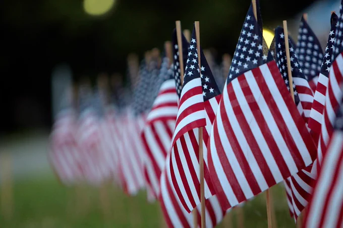 A row of American flags displayed outdoors, symbolizing patriotism or a commemorative event.