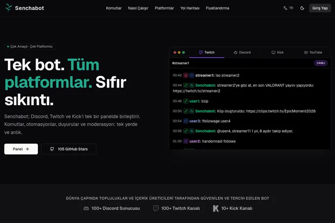 Senchabot Türkçe web sitesi açılış sayfası. Sol tarafta "Tek bot. Tüm platformlar. Sıfır sıkıntı." başlığı ve botun Discord, Twitch ve Kick'i tek bir panelde birleştirdiğini belirten açıklama metni yer alıyor. Sağ tarafta ise Senchabot'un Twitch yayınında kullanıcıların yayın sohbetinde komutları kullanım anından Türkçe yanıtlar verdiği bir sohbet arayüzü simülasyonu bulunuyor. En altta ürünün 100'den fazla Discord ve Twitch sunucusunda kullanıldığına dair istatistikler yer alıyor.