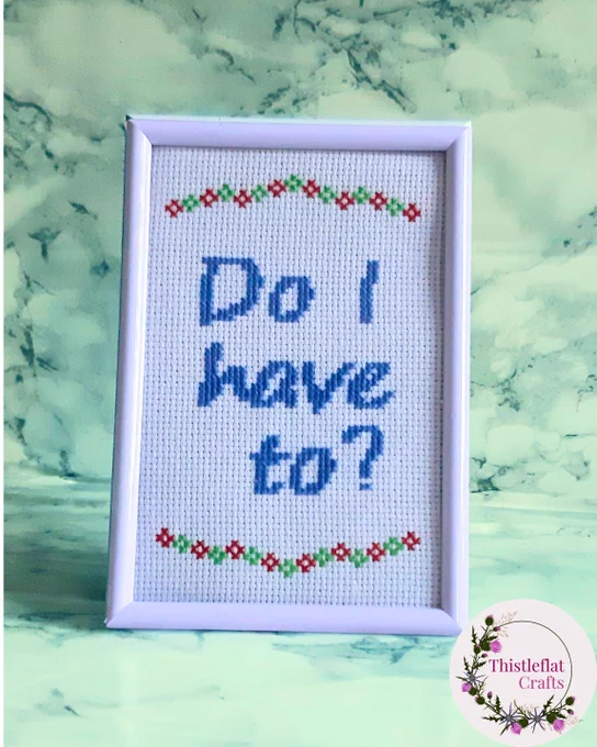 Completed cross stitch with the text 'Do I have to?' in blue thread with small red and green flowers in a light blue frame.