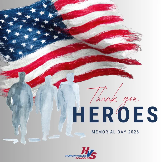 Gfx image of three soldiers walking in front of American flag with the words "Thank you, heroes. Memorial Day 2026"