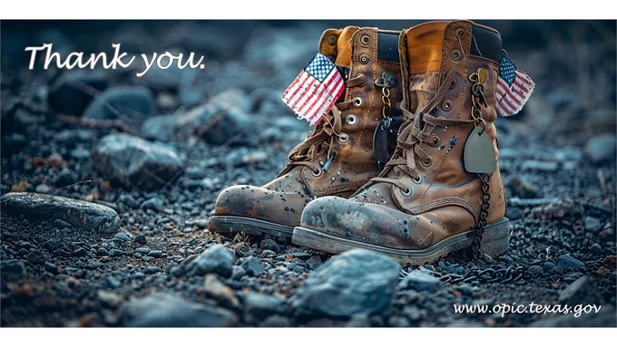A pair of combat boots with an American flag tucked into the laces and the message thank you for your service.