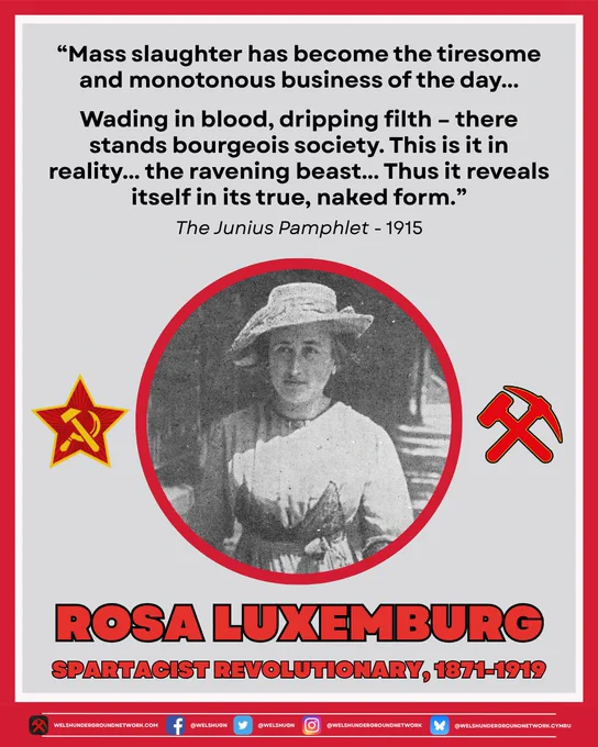 Black and white photo of Rosa Luxemburg, a softly smiling woman in a simple dress and jaunty hat. To the left of her photo is the hammer and sickle logo of the KPD, and to the right is the Hammer & Pick logo of the Welsh Underground Network.

Text reads: "Mass slaughter has become the tiresome and monotonous business of the day...

Wading in blood, dripping filth - there stands bourgeois society. This is it in reality... the ravening beast... Thus it reveals itself in its true, naked form."

Below this text reads: "The Junius Pamphlet - 1915"

Below photo text reads: "Marxist Monday: Rosa Luxemburg, Spartacist Revolutionary, 1871-1919"