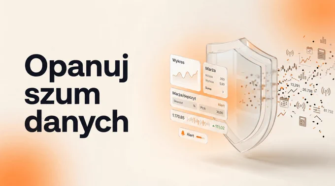 Grafika z napisem "Opanuj szum danych" przedstawiająca panel użytkownika Alcentra net, gdzie szklana tarcza porządkuje chaos wykresów i danych finansowych.