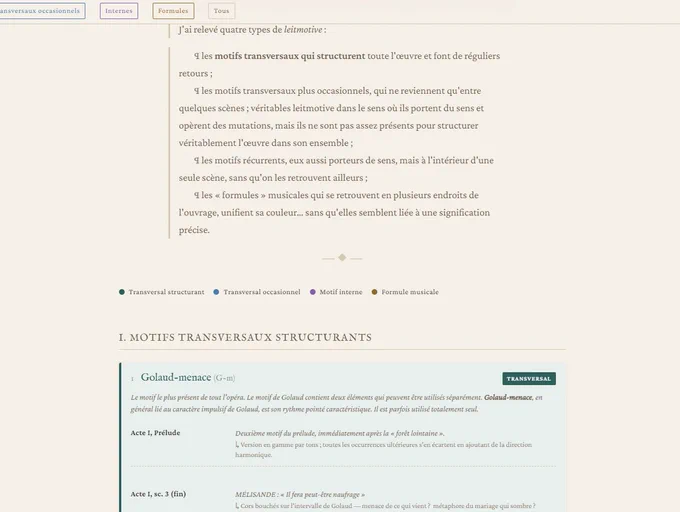 I. Motifs transversaux STRUCTURANTS
1 Golaud-menace (G-m) Transversal

Le motif le plus présent de tout l'opéra. Le motif de Golaud contient deux éléments qui peuvent être utilisés séparément. Golaud-menace, en général lié au caractère impulsif de Golaud, est son rythme pointé caractéristique. Il est parfois utilisé totalement seul.

    Acte I, Prélude
    Deuxième motif du prélude, immédiatement après la « forêt lointaine ».Version en gamme par tons ; toutes les occurrences ultérieures s'en écartent en ajoutant de la direction harmonique.
    Acte I, sc. 3 (fin)
    MÉLISANDE : « Il fera peut-être naufrage »Cors bouchés sur l'intervalle de Golaud — menace de ce qui vient ?  métaphore du mariage qui sombre ?