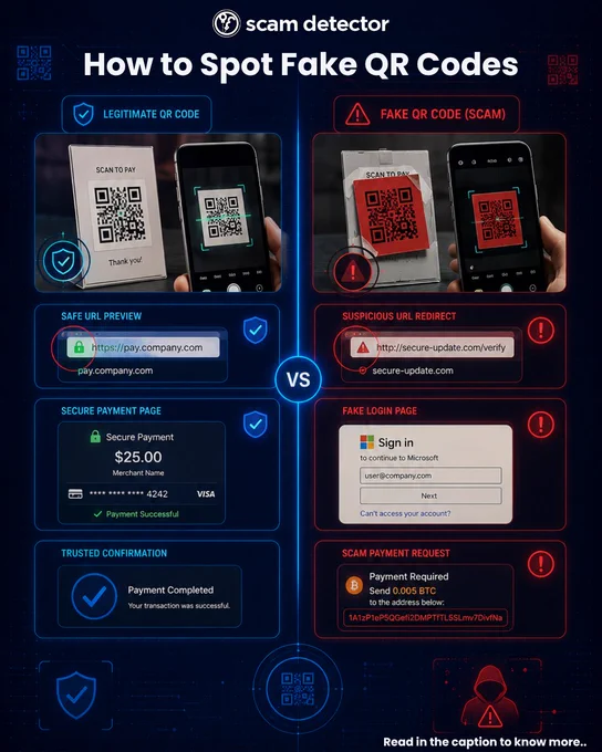 Cybersecurity infographic titled “How to Spot Fake QR Codes.” The image compares a legitimate QR code payment setup on the left with a fake scam QR code on the right. The legitimate side shows a clean QR payment sign, a secure HTTPS URL preview, a verified payment page, and a successful payment confirmation highlighted with blue security icons. The scam side shows a tampered QR code sticker, a suspicious redirect URL, a fake login page requesting credentials, and a cryptocurrency payment scam request, all highlighted with red warning symbols. The design features a futuristic dark blue cyber-themed background with glowing red and blue accents and digital interface elements.