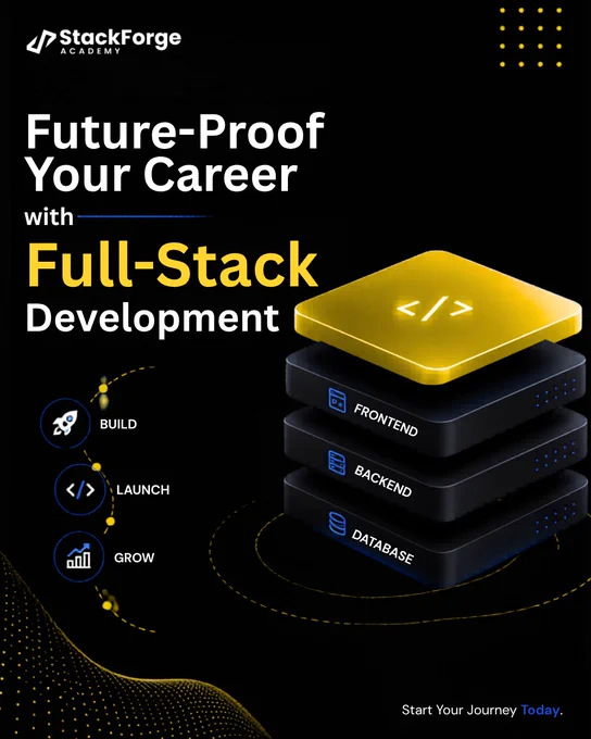 StackForge Academy promotional poster with a black and yellow tech-themed design, featuring the headline “Future-Proof Your Career with Full-Stack Development,” a 3D stacked server graphic labeled frontend, backend, and database, and icons for build, launch, and grow.
