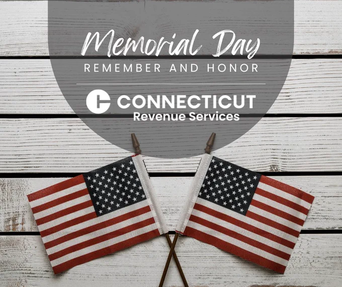 Two American flags on a white wooden background with Memorial Day remembrance text and the Connecticut Department of Revenue Services logo
