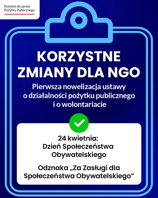 Grafika informacyjna. Spokojne, jednolite tło. Tekst na grafice: Korzystne zmiany dla NGO. Pierwsza nowelizacja ustawy o działalności pożytku publicznego i o wolontariacie. 24 kwietnia: Dzień Społeczeństwa Obywatelskiego, Oznaka „Za Zasługi dla Społeczeństwa Obywatelskiego”. Wokół tekstu symboliczny rysunek, grafika – podkładka pod dokumenty. W lewym górnym rogu logo Komitetu do spraw Pożytku Publicznego.
