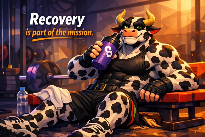 A polygon-style illustration of Moooscle, the muscular cow hero, sitting on a gym bench after training. He’s holding a purple Polygon shaker, smiling with satisfaction. Warm orange and purple lights fill the gym, symbolizing recovery and balance.