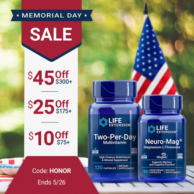 Memorial Day sale offering discounts on Life Extension supplements with an American flag in the background.