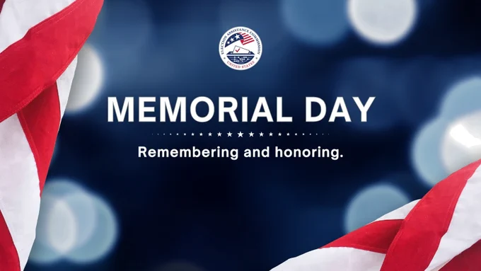 A dark blue background fills the frame. Top and bottom of the frame have a section of a flowing US flag. Center of frame is a circular EAC logo. Below in bold white text reads "Memorial Day, Remembering and honoring."
