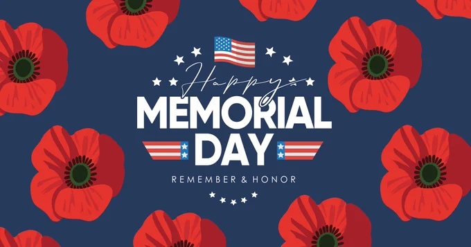 Blue background with red poppies surrounding text honoring Memorial Day with an American flag and stars.