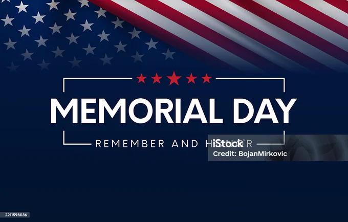 American flag with stars and stripes in the top corner. Text reads "Memorial Day, Remember and Honor.