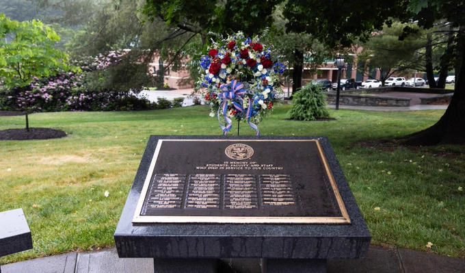 A wreath is displayed at App State’s Veterans Memorial honoring the students, faculty, staff and alumni who gave their lives while in service to their country. 