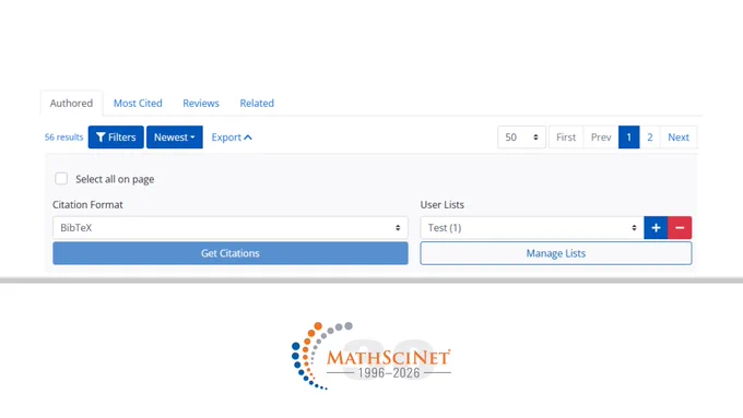 MathSciNet citation search interface showing filters, citation format dropdown, and user list management options.