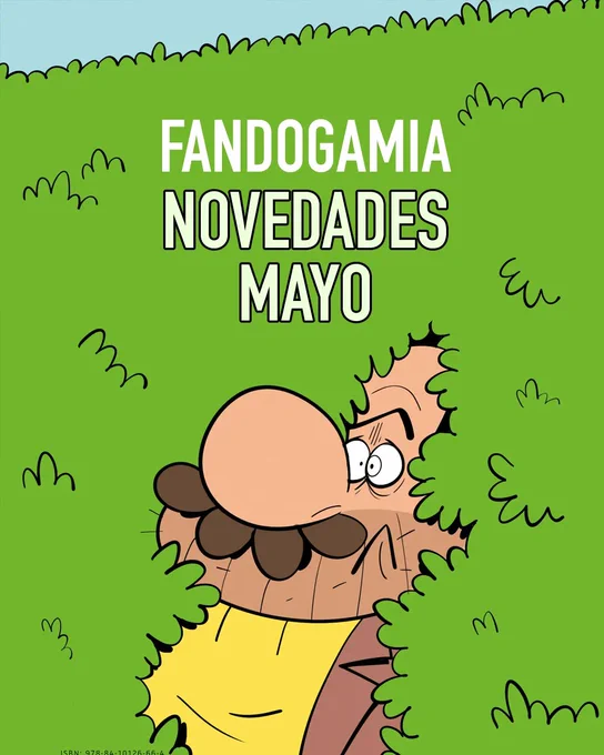 Cartel que pone FANDOGAMIA NOVEDADES MAYO, con el Profesor Migraña imitando a Homer Simpson cuando se inserta a sí mismo dentro de un seto.