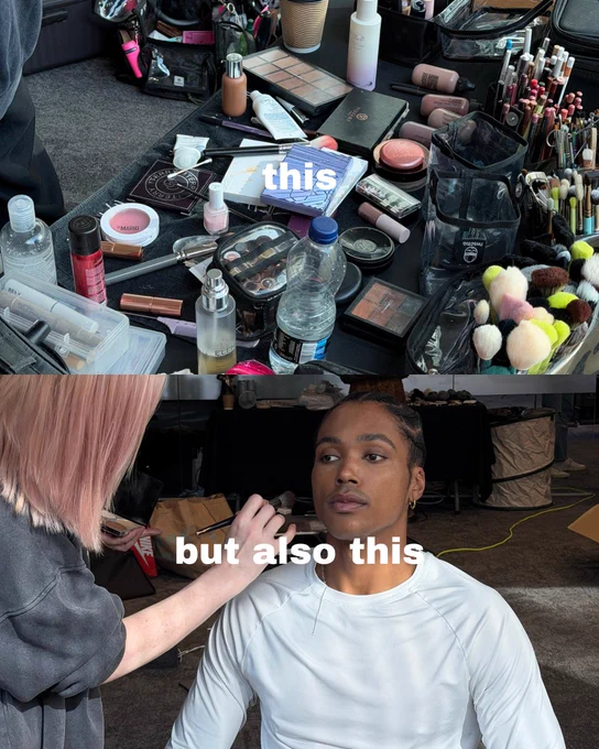 A collage of two images with one photo of makeup laying on a table and the other of a person having their makeup done with text overlaying the images saying "this" and "but also this".