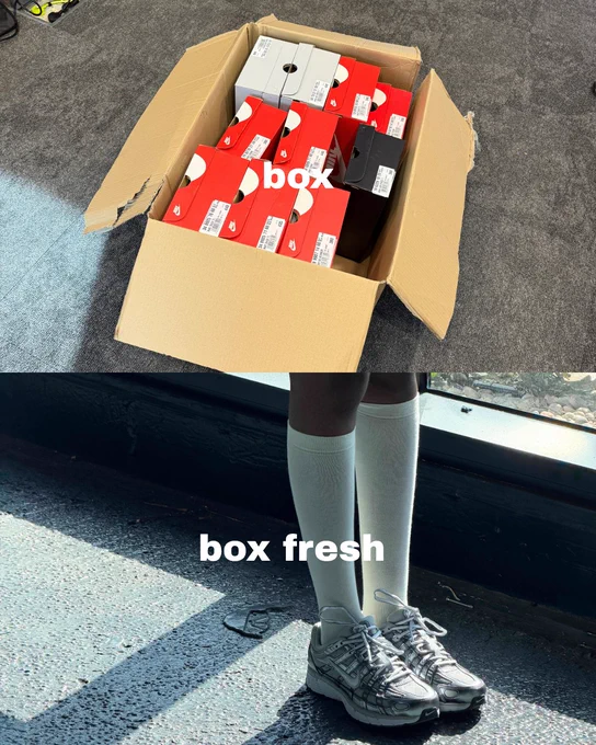 A collage of two images with one photo of multiple red shoe boxes sitting on a grey floor and the other of a person's lower legs wearing a pair of grey Nike P 6000 trainers with text overlaying the images saying "box" and "box fresh".
