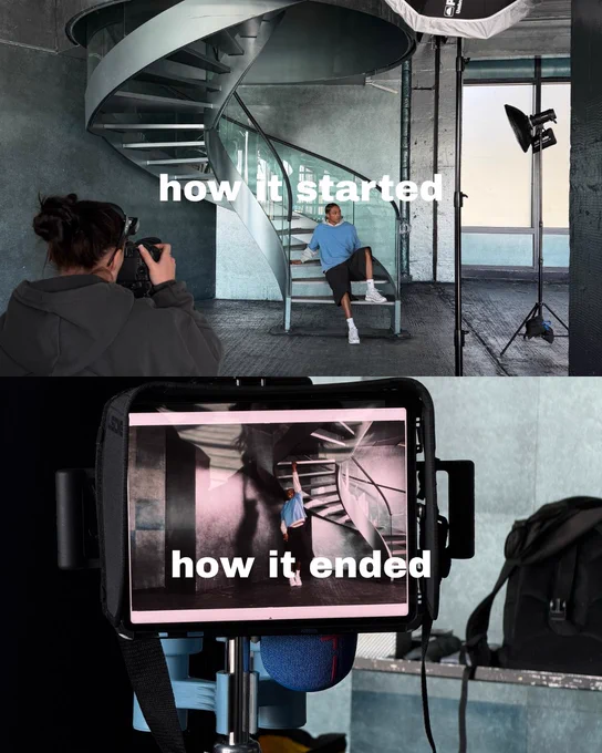 A collage of two images with one photo of a model styling a pair of Nike P 6000 trainers and the other of a field monitor displaying a photo of the model with text overlaying the images saying "how it started" and "how it ended".