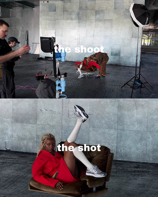 A collage of two images showing a model styling a pair of Nike P 6000 trainers with text overlaying the images saying "the shoot" and "the shot".