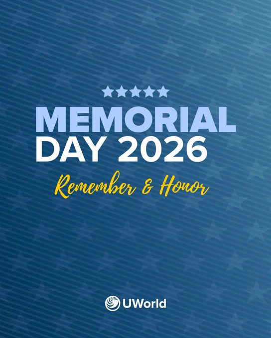 The image features text on a blue background with subtle star patterns. It reads, "Memorial Day 2026" with five stars above the text. Below, it says "Remember & Honor" in yellow script. The UWorld logo is at the bottom.