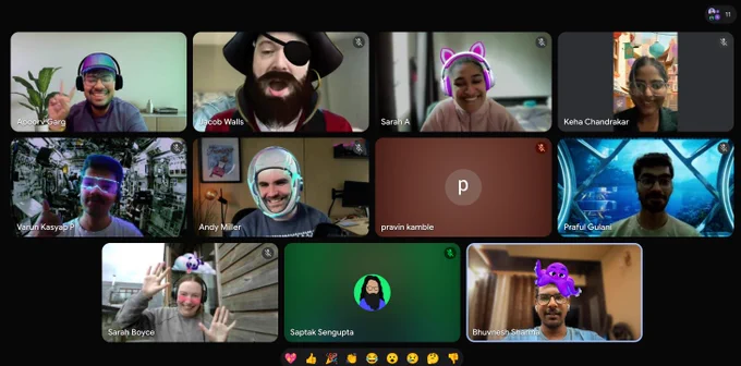 Participants in a video call celebrate the start of Google Summer of Code 2026, sporting playful virtual accessories and backgrounds.