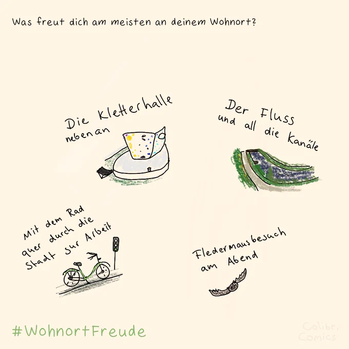 Oben links diesmal als kleinerer Text
"Was freut dich am meisten an deinem Wohnort"

Bei mir ist es so:
- Die Kletterhalle nebenan (mit einem Bildchen einer Boulderwand)
- Mit dem Rad quer durch die Stadt zur Arbeit (ein Fahrrad vor einer grünen Ampel)
- Der Fluss und all die Kanäle (ein etwas kritzeliges Bild von der Hunte)
- Fledermausbesuch am Abend (mit einer Fledermaus)