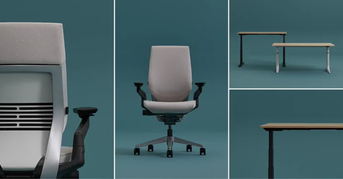 A Steelcase Gesture office chair with adjustable armrests and a mesh backrest, shown from front and rear angles against a teal background.