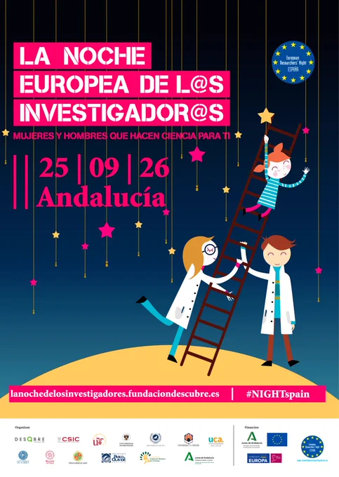 Cartel de La Noche Europea de los Investigadores: mujeres y hombres que hacen ciencia para ti. Fecha: 25-09-26