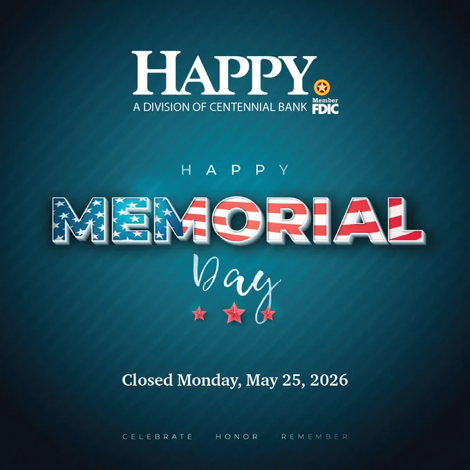 Happy Memorial Day greeting with American flag-themed text and bank closure notice for May 25, 2026.
