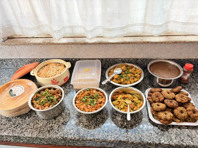 A landscape picture of food on the table