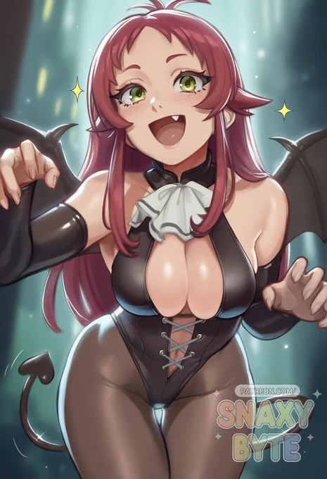 A cheerful, red-haired character with bat wings and playful expression wears a black outfit with a bow, set against a glowing backdrop.