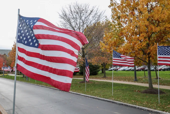American flags on the Mercyhurst driveway