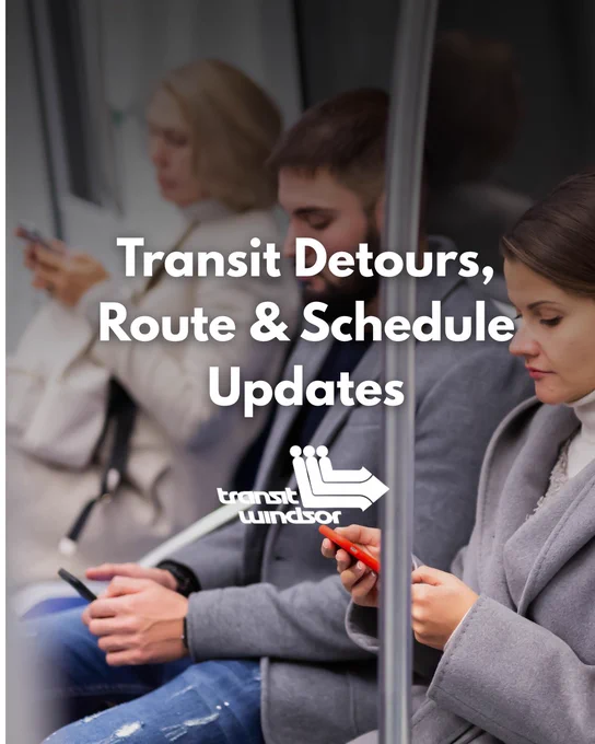 Passengers seated inside a transit bus using smartphones, with text about transit hours, route, and schedule updates overlayed.