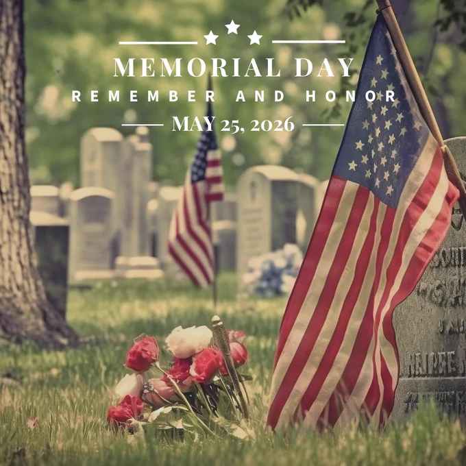 Graphic of a flag hanging over a grave with some fresh flowers beside. Text reads Memorial Day, Remember and Honor.