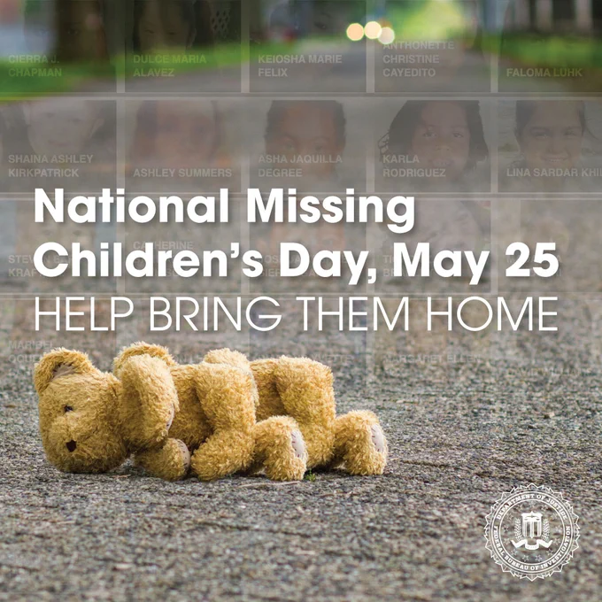 Teddy bear lying abandoned on pavement with text urging help for National Missing Children’s Day, May 25.