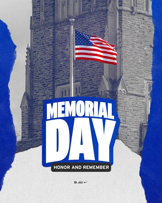 Graphic honoring Memorial Day. Features American flag, Duke chapel and Duke branding. 