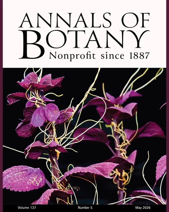 The cover illustration shows Cuscuta californica, a stem parasite in the morning glory family, here attached to a purple coleus. Despite the overall yellow-orange colour of Cuscuta species, most can perform localized photosynthesis in response to energetic or developmental needs. [See Schneider et al., pp. 1187–1202. Photo credit: Alison Dias, University of Toronto Mississauga]