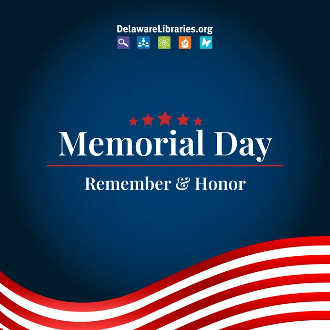 Memorial Day tribute with five red stars above text and red and white stripes at the bottom on a dark blue background.