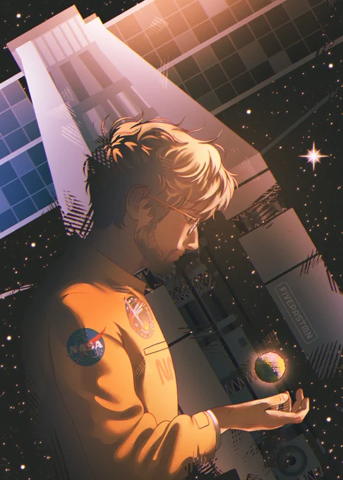 An illustration of Ryland Grace from the Project Hail Mary film adaptation. He’s in side view, wearing the mustard-yellow overall, looking at a glowing crocheted earth hovering over his hand. A warm light shines over him. Behind him is the Hail Mary spacecraft. The background is outer space, filled with stars.