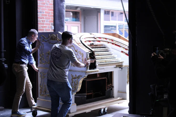 Wurlitzer Opus 1587 Theatre Organ console is wheeled out the backstage door of PPAC. Moved by the Herman Organ Company, 2026.