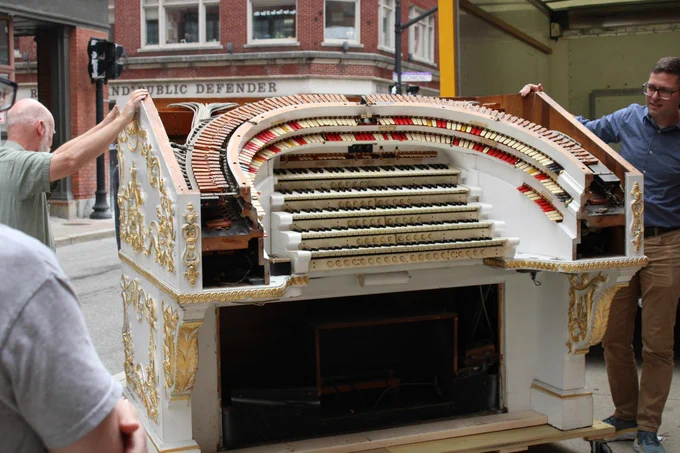 Wurlitzer Opus 1587 Theatre Organ console outside the PPAC stage door, seeing sunlight for the first time in a long while. 2026