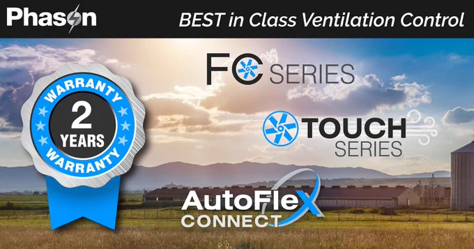 Phason Controls graphic showing FC Series and Touch Series controls alongside the AutoFlex Connect over a farm landscape with best-in-class ventilation control headline and 2-year warranty badge.