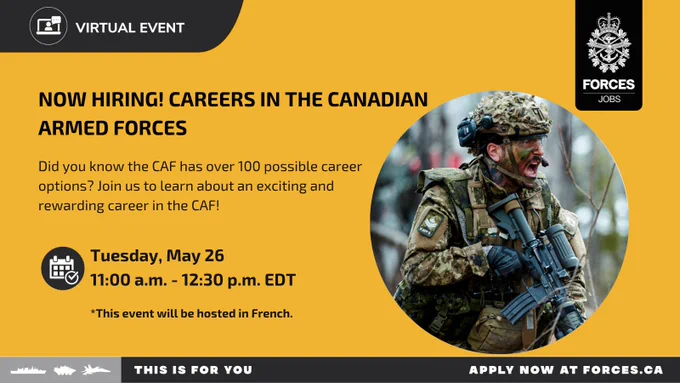 A member shouting and running while holding a rifle. Text on image: Virtual event. Now hiring! Careers in the Canadian Armed Forces. Did you know the CAF has over 100 possible career options? Join us to learn about an exciting and rewarding career in the CAF! Tuesday, May 26, 11:00 a.m. – 12:30 p.m. EDT. This event will be hosted in French. 