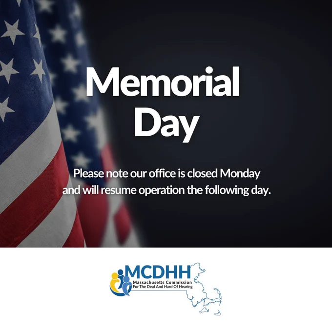 White text states, "Memorial Day" and "Please note our office is closed Monday and will resume operation the following day" over a grey background and an American flag waving on the left side.
