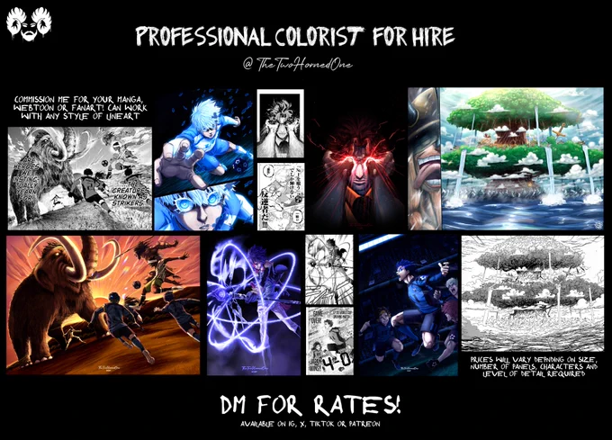 professional colorist for hire on all platforms with years of experience on various lineart styles!