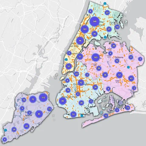 The NYC Honorary Street Names Map, with boroughs highlighted in different colors.