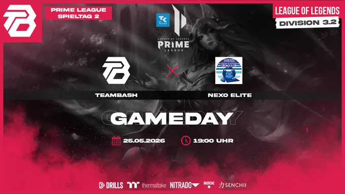 🚨 MATCHDAY 🚨

Heute geht es in den 2. Spieltag für TeamBash Gaming!
Jetzt wird es endlich Zeit für die ersten Punkte. 🔥

Wir sehen uns heute in der Kluft gegen @NekoEsports und sind gespannt, was das Match bringt. 

📺 Cast: TBA

#leagueoflegneds #teambash #bashwin #primeleague #nekoelite